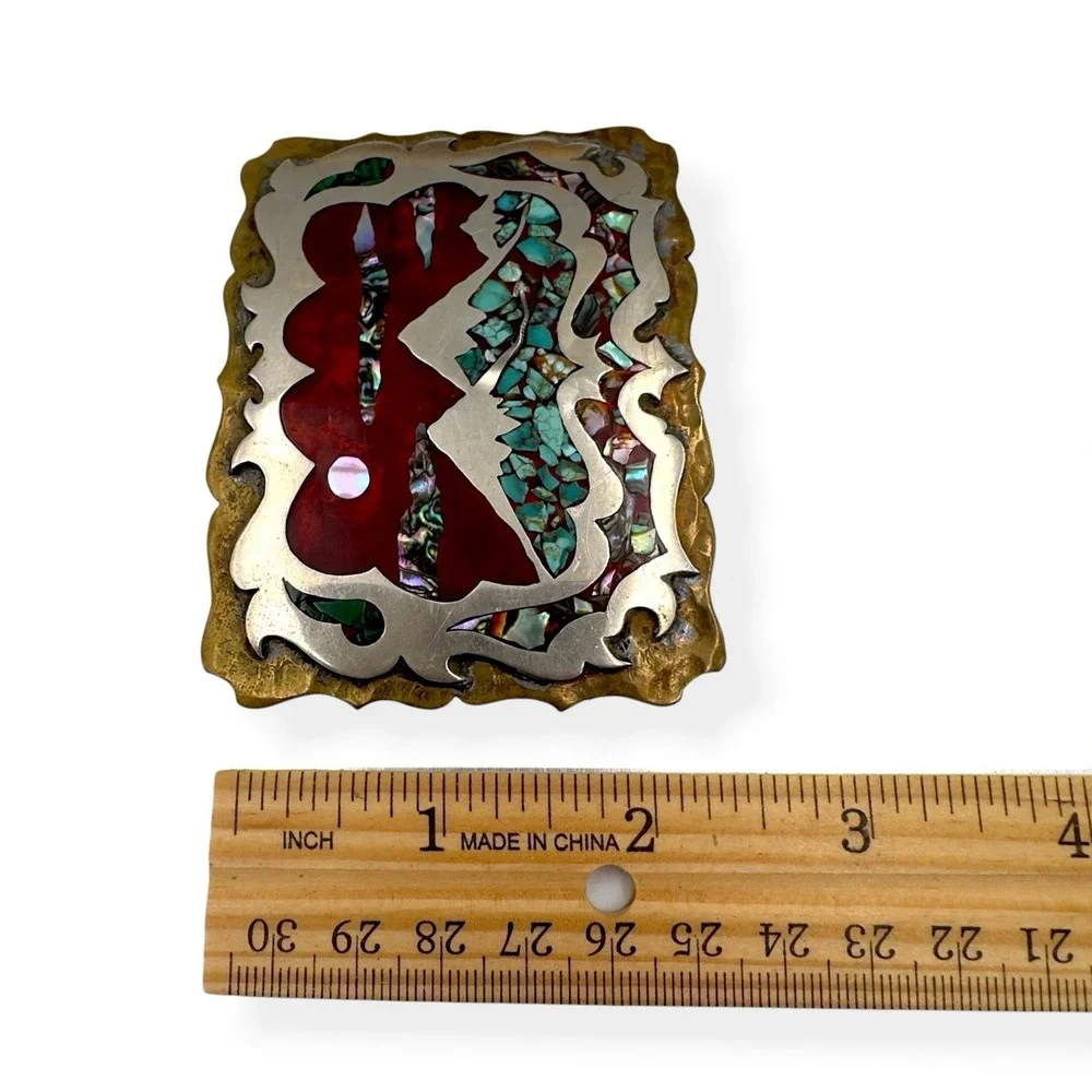 VTG Southwestern Mountain Landscape Turquoise Abalone Chip Inlay Belt Buckle